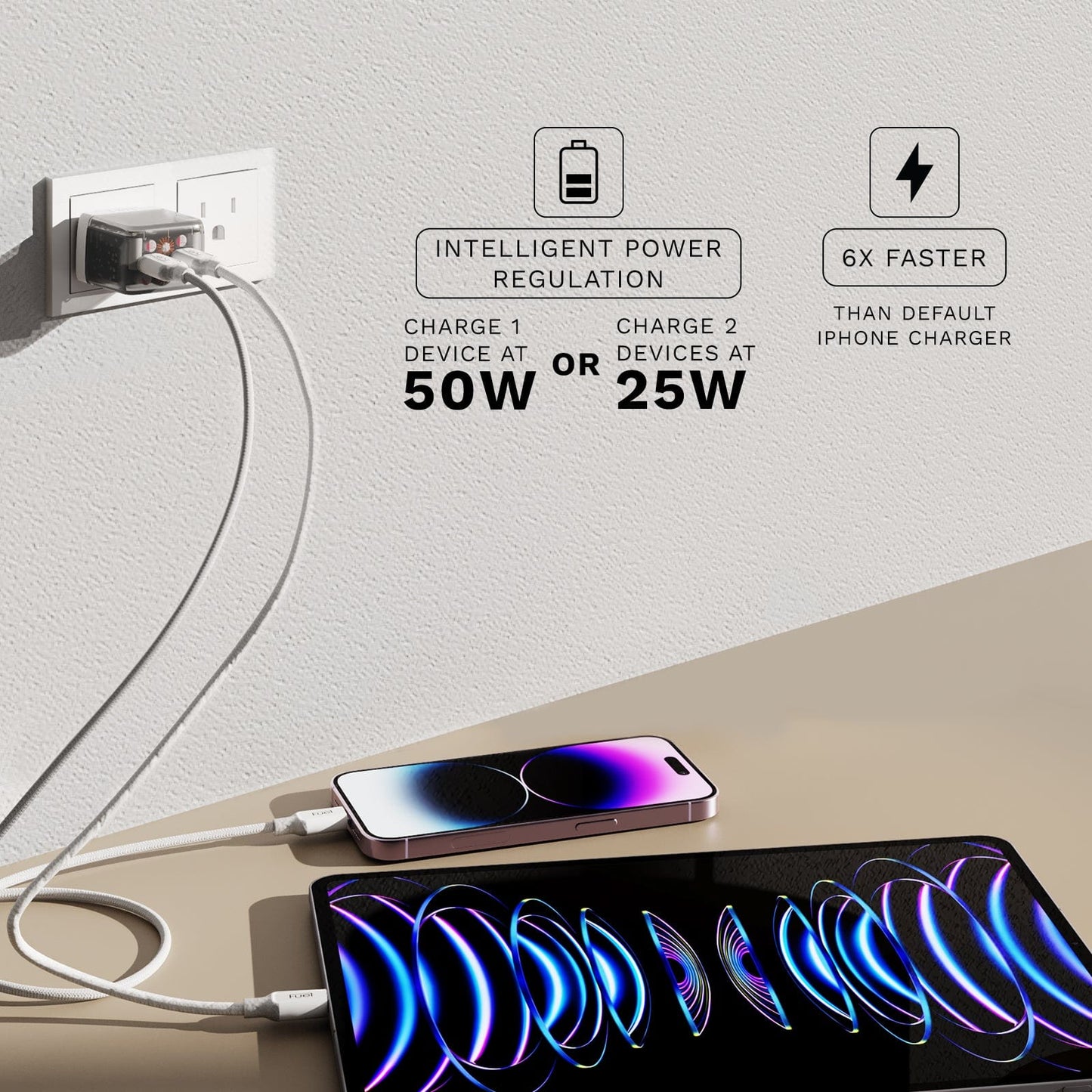 FUEL 50W Dual USB C Wall Charger (Frosted White) - Fast Charger